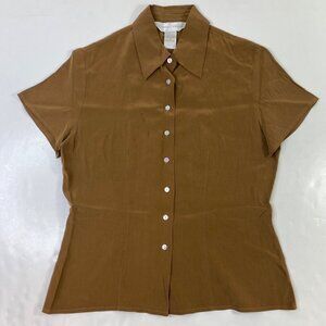 Casual Corner Women's Brown Blouse Size 4 Work Office Dress Abalone Buttons